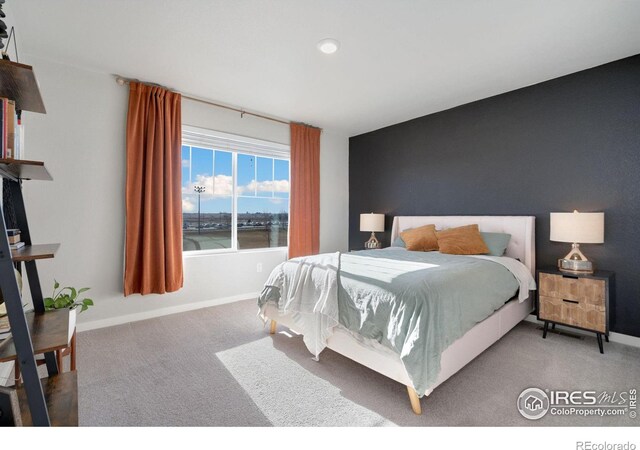 bedroom featuring a water view and carpet