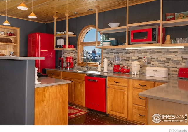 kitchen featuring pendant lighting, decorative backsplash, sink, and wooden ceiling