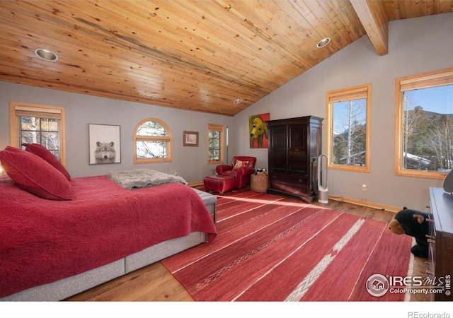 bedroom with vaulted ceiling with beams, wooden ceiling, and wood-type flooring