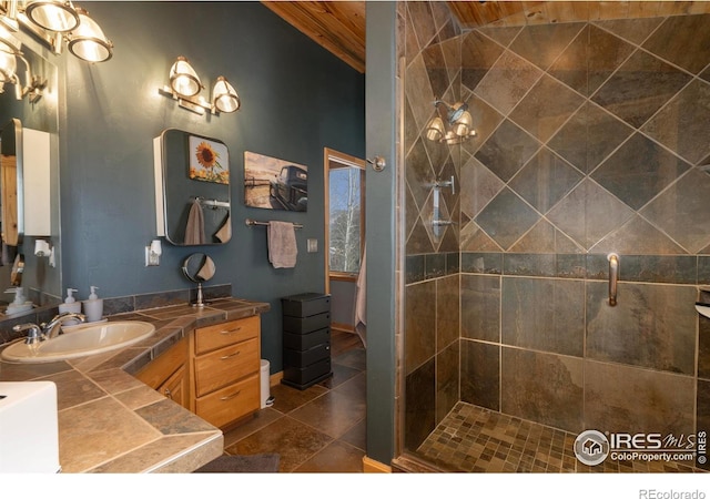 bathroom featuring a shower with door, vanity, wooden ceiling, and lofted ceiling