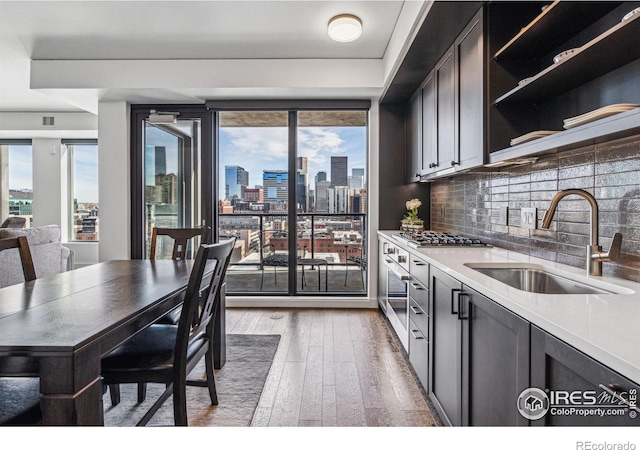 kitchen with hardwood / wood-style flooring, oven, tasteful backsplash, and sink