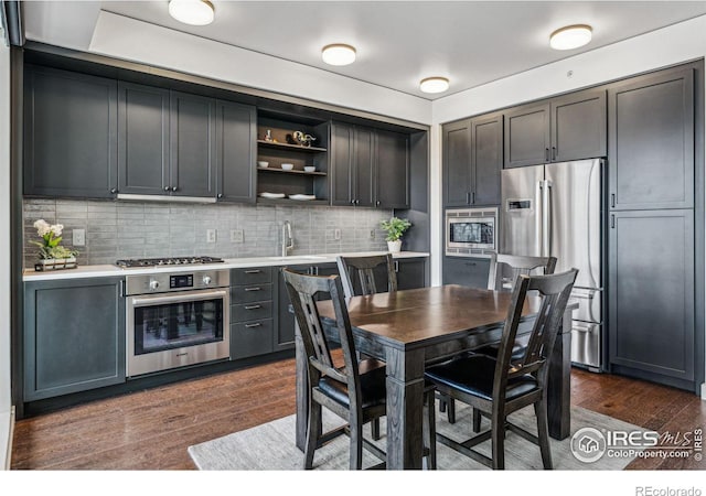 kitchen featuring backsplash, sink, dark wood-type flooring, and appliances with stainless steel finishes