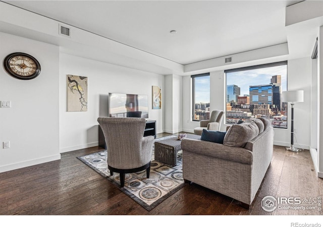 living room with dark hardwood / wood-style flooring