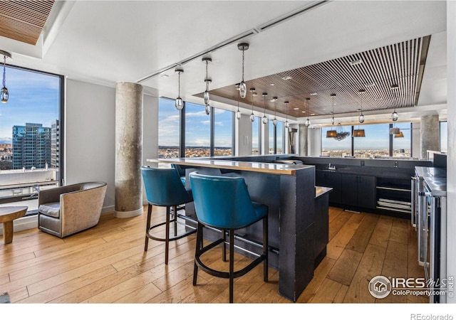 kitchen featuring hardwood / wood-style flooring, a breakfast bar, and hanging light fixtures