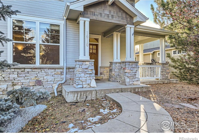 doorway to property with a porch and stone siding