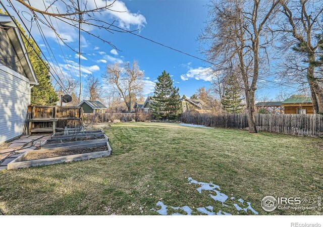 view of yard with a fenced backyard and a vegetable garden