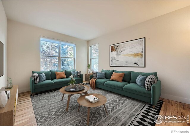 living room with baseboards and wood finished floors