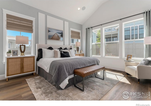 bedroom with vaulted ceiling and hardwood / wood-style floors