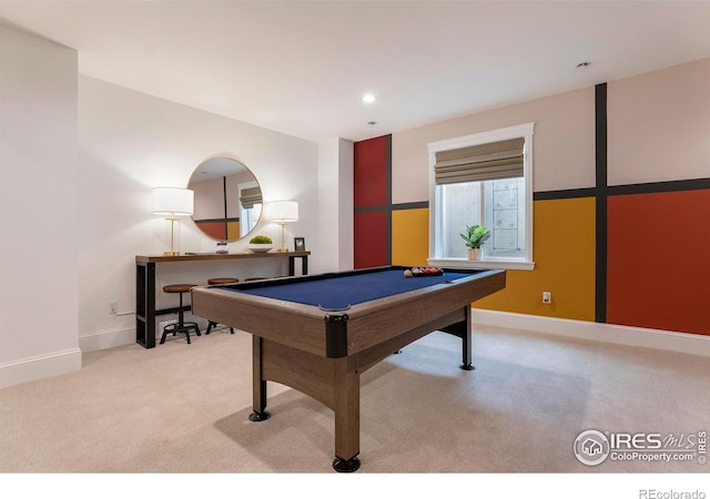 game room with billiards and light carpet