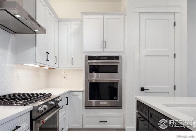 kitchen with white cabinets, appliances with stainless steel finishes, wall chimney exhaust hood, and decorative backsplash