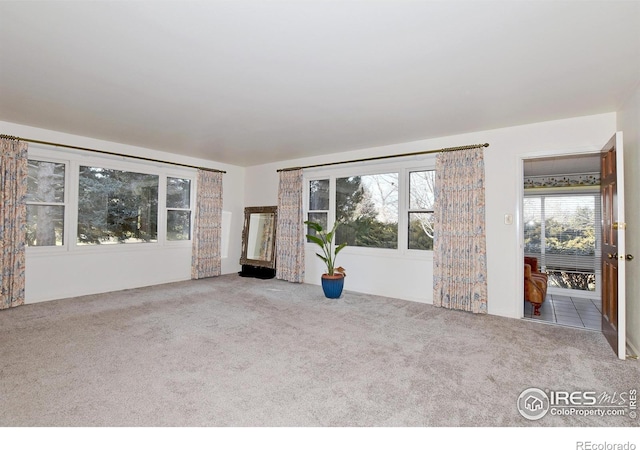 unfurnished living room with light colored carpet