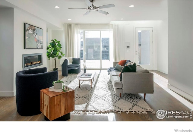 living room with ceiling fan and hardwood / wood-style floors