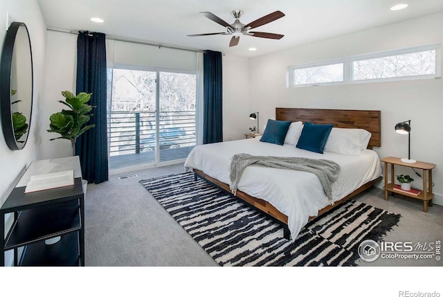 carpeted bedroom with ceiling fan and access to outside