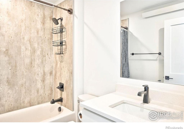 full bathroom featuring vanity, toilet, and shower / bathtub combination with curtain