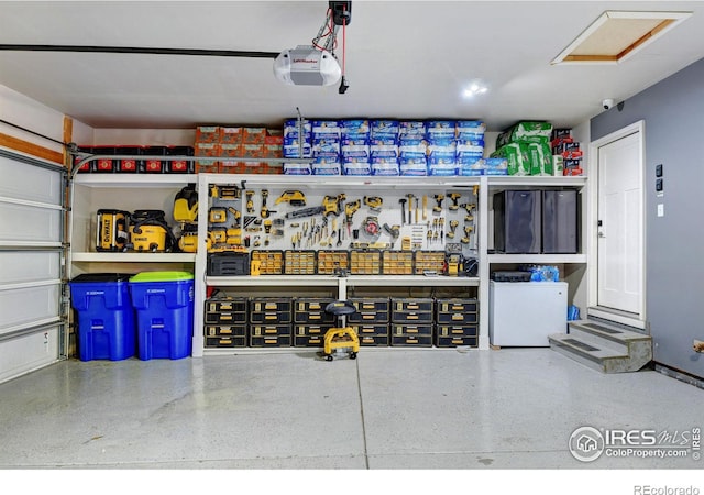 garage with a garage door opener and a workshop area