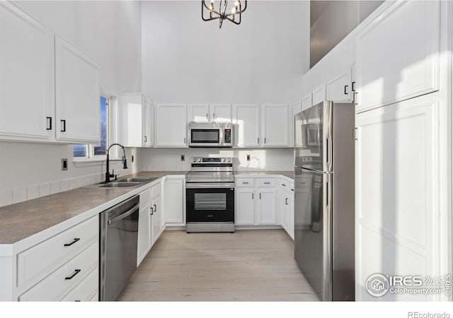 kitchen featuring a high ceiling, white cabinetry, appliances with stainless steel finishes, and sink