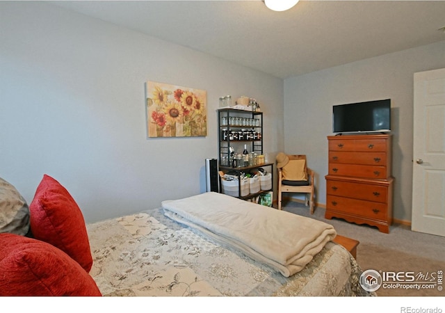 bedroom with light colored carpet