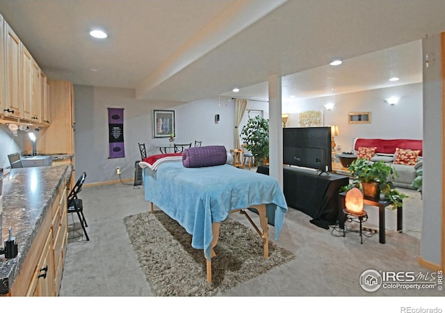 bedroom featuring light colored carpet