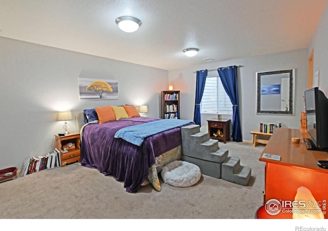 bedroom featuring carpet flooring and a textured ceiling