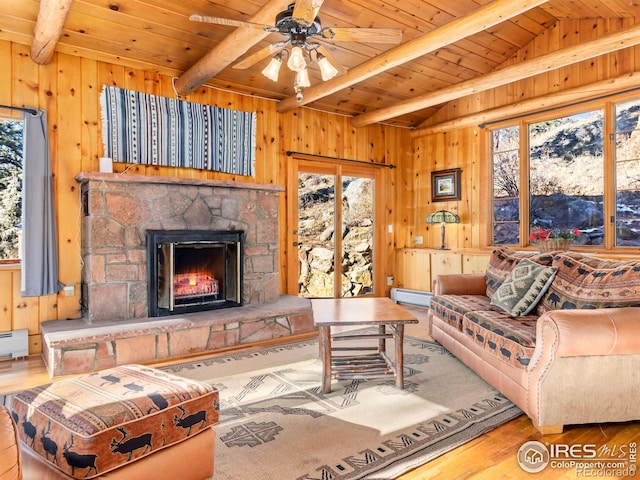 living room featuring hardwood / wood-style floors, a healthy amount of sunlight, and wooden ceiling