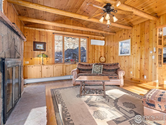 living room featuring wood walls, wood ceiling, and a baseboard heating unit