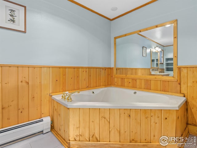 bathroom featuring wood walls, tile patterned flooring, ornamental molding, baseboard heating, and a tub