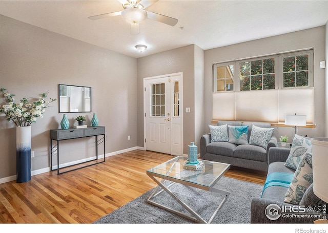 living room with ceiling fan and hardwood / wood-style floors