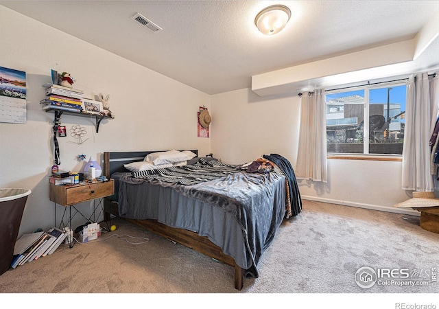 bedroom with carpet floors and a textured ceiling