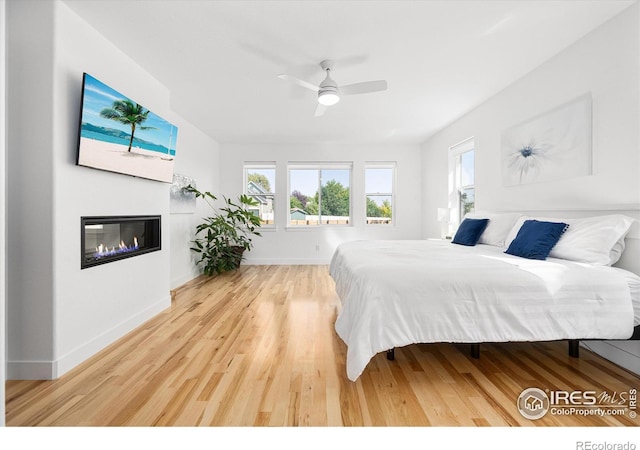 bedroom featuring ceiling fan and wood-type flooring