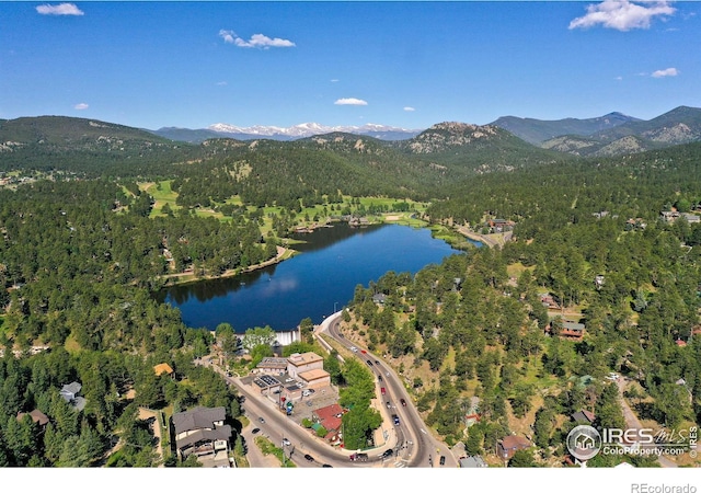 bird's eye view featuring a water and mountain view