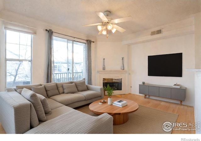 living room featuring ceiling fan and light hardwood / wood-style flooring