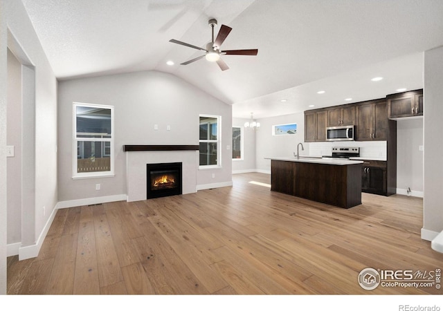 kitchen with stainless steel appliances, open floor plan, dark brown cabinets, a lit fireplace, and light wood finished floors