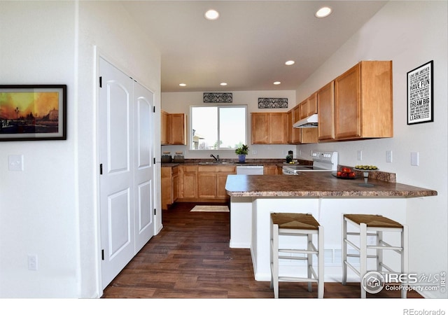 kitchen with a kitchen bar, kitchen peninsula, dark hardwood / wood-style flooring, white appliances, and sink
