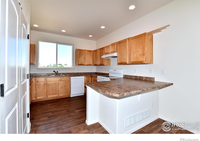 kitchen with kitchen peninsula, white appliances, dark hardwood / wood-style floors, and sink