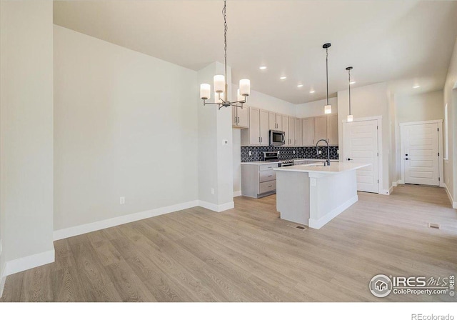 kitchen featuring stainless steel appliances, hanging light fixtures, tasteful backsplash, light hardwood / wood-style floors, and a kitchen island with sink