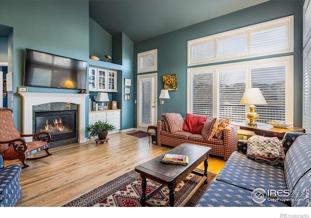 living room with light wood-type flooring and high vaulted ceiling