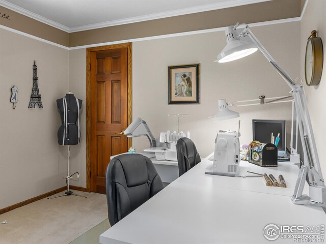 carpeted office featuring crown molding