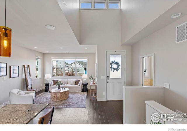 living room featuring a towering ceiling and dark wood-type flooring