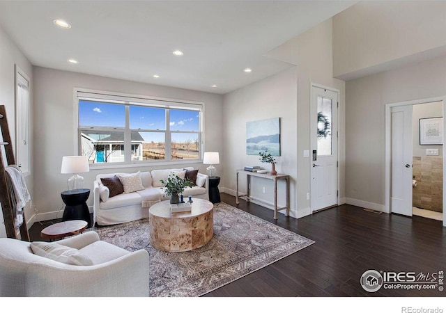 living room with dark hardwood / wood-style floors