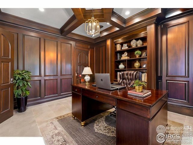 office area with coffered ceiling, a chandelier, ornamental molding, built in features, and beam ceiling