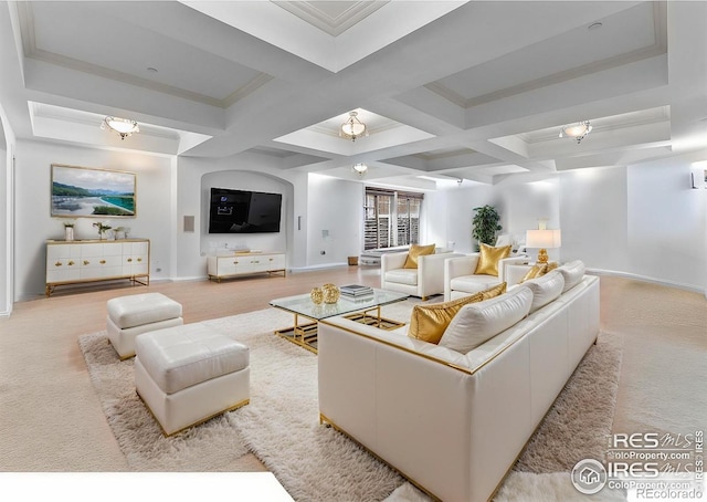 carpeted living room featuring coffered ceiling, ornamental molding, and beamed ceiling