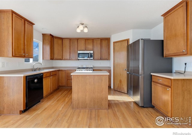 kitchen with sink, a center island, light hardwood / wood-style floors, and appliances with stainless steel finishes