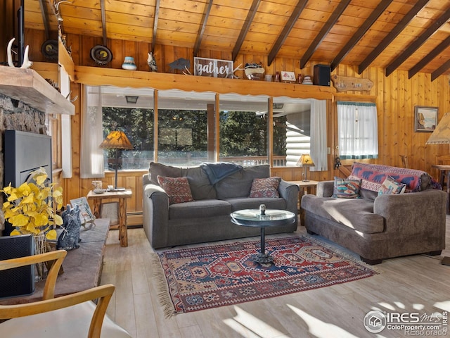 living room featuring wooden ceiling, light wood-type flooring, lofted ceiling with beams, and wooden walls