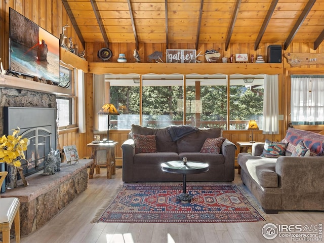 living room featuring a healthy amount of sunlight, wooden walls, and light hardwood / wood-style floors