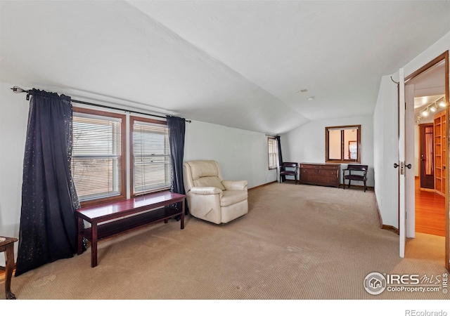 living area featuring lofted ceiling and light carpet