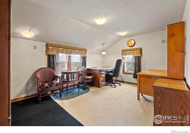 carpeted office featuring vaulted ceiling and plenty of natural light