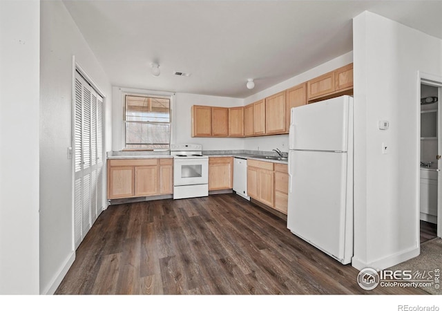 kitchen featuring light brown cabinetry, white appliances, dark hardwood / wood-style flooring, and sink