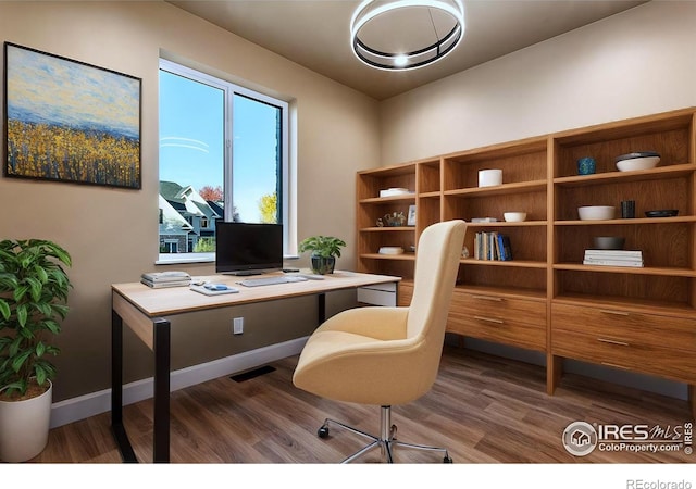 home office featuring dark wood-type flooring