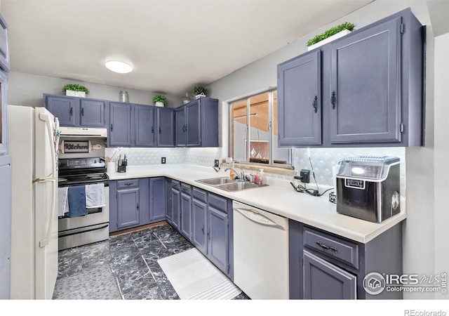 kitchen with tasteful backsplash, sink, and white appliances