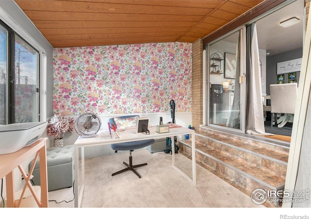 office featuring carpet flooring and wooden ceiling